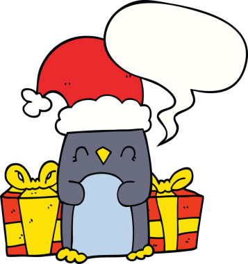 Bir insan tarafından çizilmiş konuşma balonu olan sevimli bir Noel pengueni.