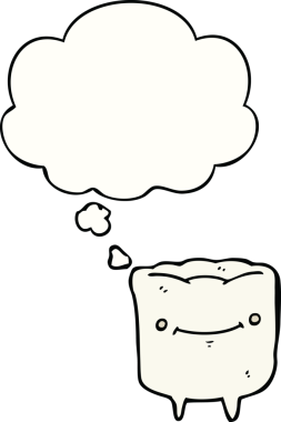 Bir insan tarafından çizilmiş düşünce baloncuklu mutlu diş çizgi filmi.