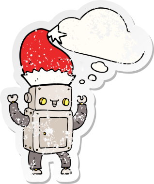 Düşünce baloncuğu olan karikatür noel robotu bir insan tarafından çizilmiş yıpranmış bir çıkartma.