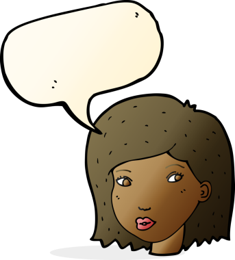 Bir insan tarafından çizilmiş konuşma baloncuğu olan bir kadın yüzü.