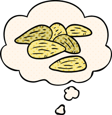 Düşünce baloncuğu olan çizgi film bademleri bir insan tarafından çizilmiş.