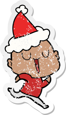 Mutlu el çizilmiş hüzünlü bir çıkartma. Kel bir adamın Noel Baba şapkası giymiş bir insan tarafından çizilmiş bir karikatürü.