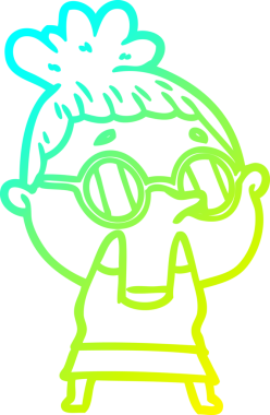 Bir insan tarafından çizilmiş gözlük takan çizgi film kadını çizimi.