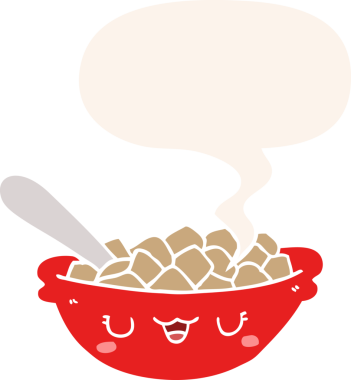 Bir insan tarafından çizilmiş konuşma baloncuklu mısır gevreği kasesi.