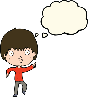 Bir insan tarafından çizilmiş düşünce baloncuğuyla işaret eden çocuk etkilenmiş.