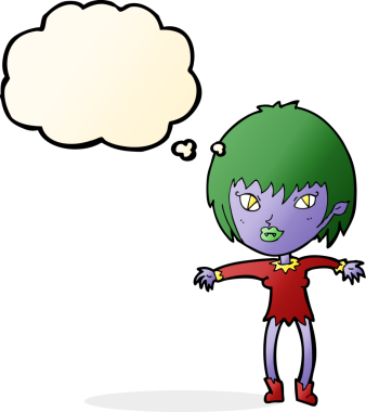 Bir insan tarafından çizilmiş düşünce balonlu vampir kız.