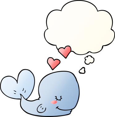 Düşünce baloncuğuna aşık çizgi film balinası bir insan tarafından çizilmiş.