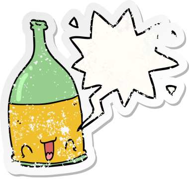 Konuşma balonlu çizgi film şarap şişesi bir insan tarafından çizilmiş sıkıntılı eski bir çıkartma