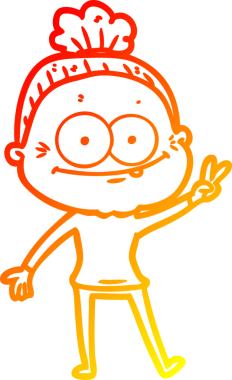 Bir insan tarafından çizilmiş mutlu, yaşlı bir kadının sıcak çizgi çizimi.