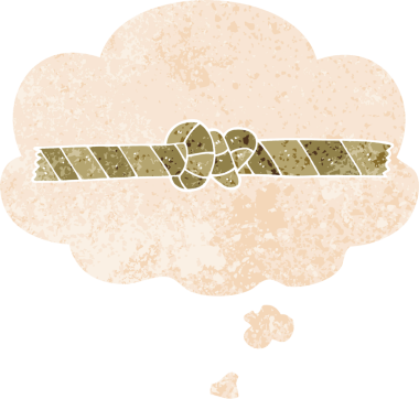 çizgi film düğümlenmiş halat ve grunge içinde düşünce balonu bir insan tarafından çizilmiş sıkıntılı retro dokuma tarzı