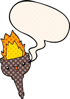 Bir insan tarafından çizilmiş çizgi roman tarzında konuşma baloncuğu olan alevli bir kadeh.