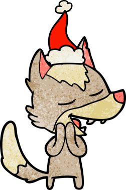 Bir insanın çizdiği Noel Baba şapkasıyla gülen bir kurdun el çizimi çizgi filmi.