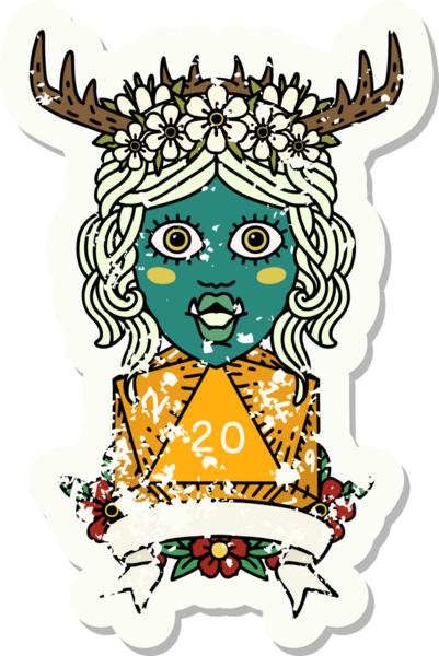 Retro Dövme Biçimli Ork karakteri bir insan tarafından çizilmiş 20 zar ile