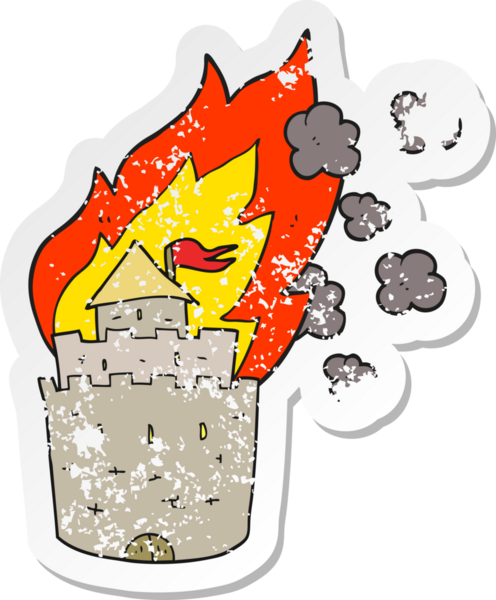 Bir insan tarafından çizilmiş yanan bir kalenin retro depresif çıkartması.