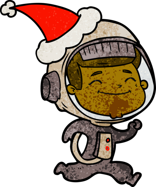 Bir insan tarafından çizilmiş Noel Baba şapkası giymiş bir astronotun çizilmiş mutlu el çizimi karikatürü