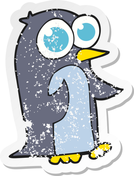 Bir insan tarafından çizilmiş büyük gözleri olan karikatür pengueninin gerilemiş yapıştırması.
