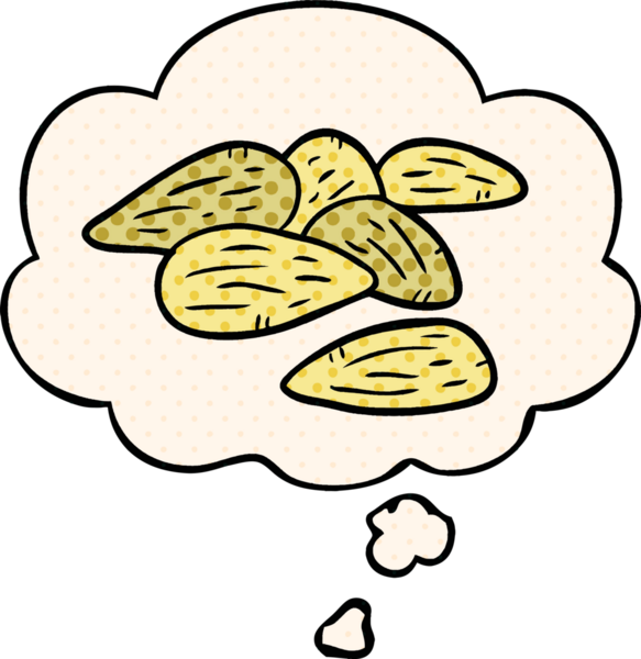 Düşünce baloncuğu olan çizgi film bademleri bir insan tarafından çizilmiş.