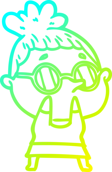 Bir insan tarafından çizilmiş gözlük takan çizgi film kadını çizimi.