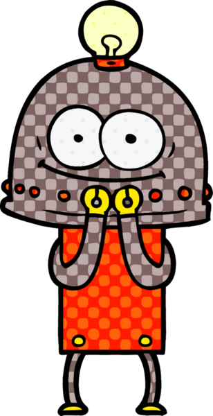 Bir insan tarafından çizilmiş ampullü mutlu karton robot.