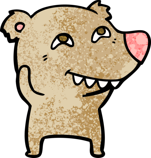 Bir insan tarafından çizilmiş dişleri gösteren çizgi film ayısı.