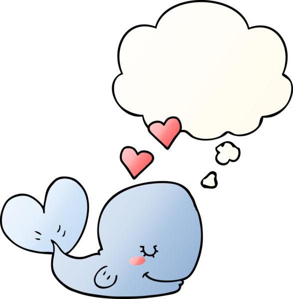 Düşünce baloncuğuna aşık çizgi film balinası bir insan tarafından çizilmiş.