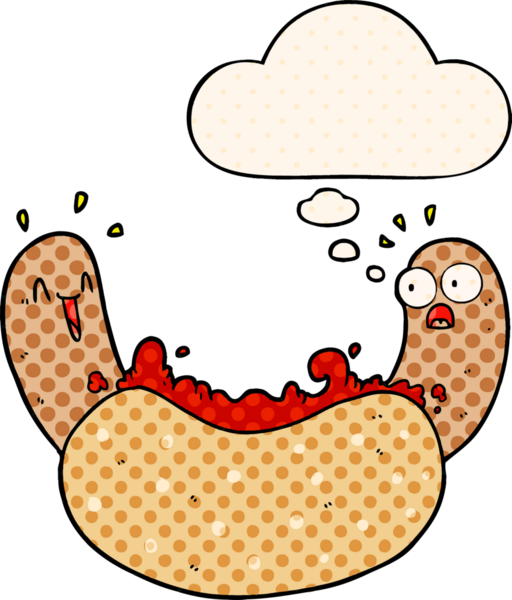 Bir insan tarafından çizilmiş, düşünce baloncuklu çizgi film sosislisi.