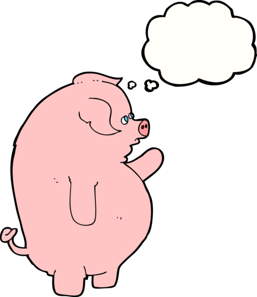 Bir insan tarafından çizilmiş düşünce baloncuklu şişman domuz.