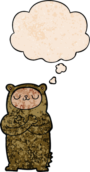 Bir insan tarafından çizilmiş grunge desenli düşünce baloncuklu çizgi film ayısı.