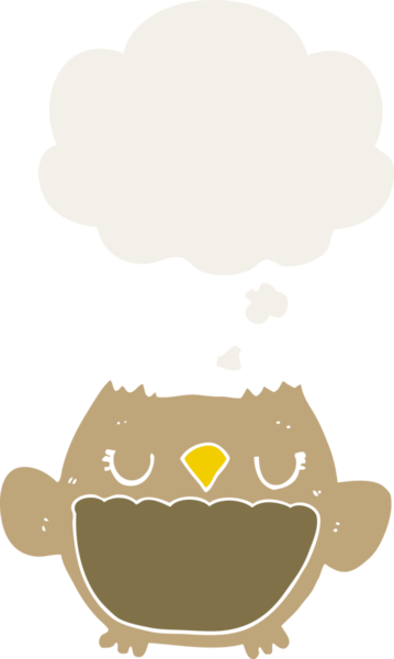 bir insan tarafından çizilmiş düşünce baloncuğu olan çizgi film baykuşu