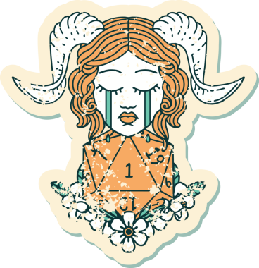 Bir insan tarafından çizilmiş doğal bir D20 zarla bağlanmış ağlama etiketi.