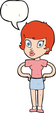 Bir insan tarafından çizilmiş konuşma balonlu elleri olan çizgi film kadını.