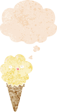 Düşünce baloncuklu çizgi film dondurması grunge sıkıntılı retro desenli bir insan tarafından çizilmiş