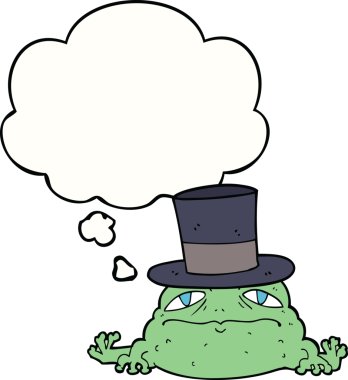 Bir insan tarafından çizilmiş düşünce baloncuklu zengin kurbağa çizgi filmi.