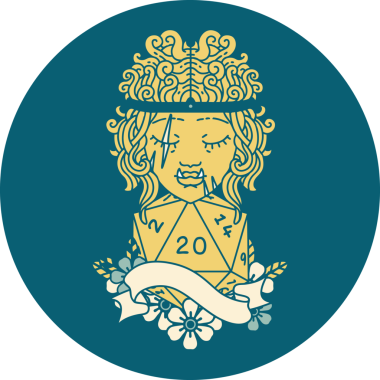 Retro Dövme Biçimi Yarı Ork Barbar Karakteri Bir insan tarafından çizilmiş 20 zar ile