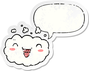 Mutlu karikatür bulutu konuşma baloncuğu bir insan tarafından çizilmiş sıkıntılı eski bir çıkartma