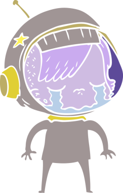 Düz renkli çizgi film ağlayan astronot kız bir insan tarafından çizilmiş.