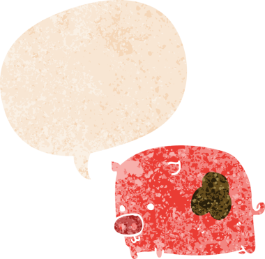 Bir insan tarafından çizilmiş grunge dertli retro tarzı konuşma baloncuklu çizgi film domuzu