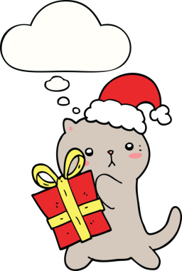 Bir insan tarafından çizilmiş düşünce baloncuğuyla Noel hediyesi taşıyan sevimli çizgi film kedisi.