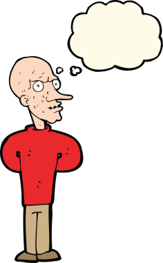 Bir insan tarafından çizilmiş düşünce balonlu kötü kel adam çizgi filmi.