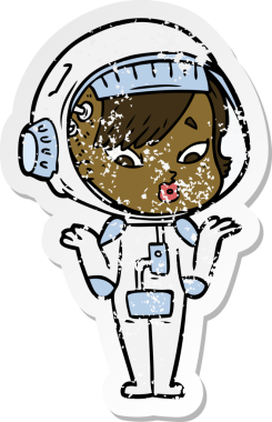 Bir insan tarafından çizilmiş karikatür astronot kadının sıkıntılı çıkartması.