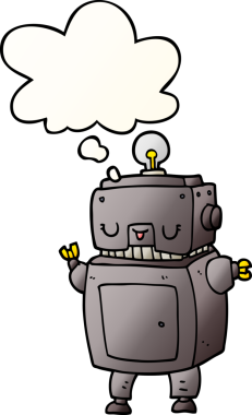 Bir insan tarafından çizilmiş, düşünce baloncuklu çizgi film robotu.