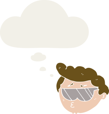 Düşünce baloncuklu güneş gözlüğü takan çizgi film çocuğu bir insan tarafından çizilmiş.