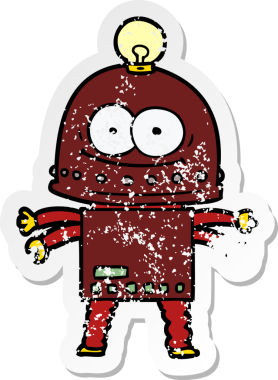 Bir insan tarafından çizilmiş ampullü mutlu bir robot çıkartması.