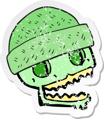 Bir insanın çizdiği şapkayı takan bir karikatür kafatası çıkartması.