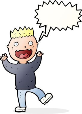 Bir insan tarafından çizilmiş konuşma balonu olan çılgın, mutlu bir adam.