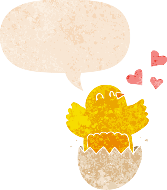 Bir insan tarafından çizilmiş, grunge 'da konuşma baloncuğu olan, yumurtadan çıkan sevimli yavru çizgi filmi.