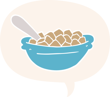 Bir insan tarafından çizilmiş eski moda konuşma baloncuklu mısır gevreği kasesi.