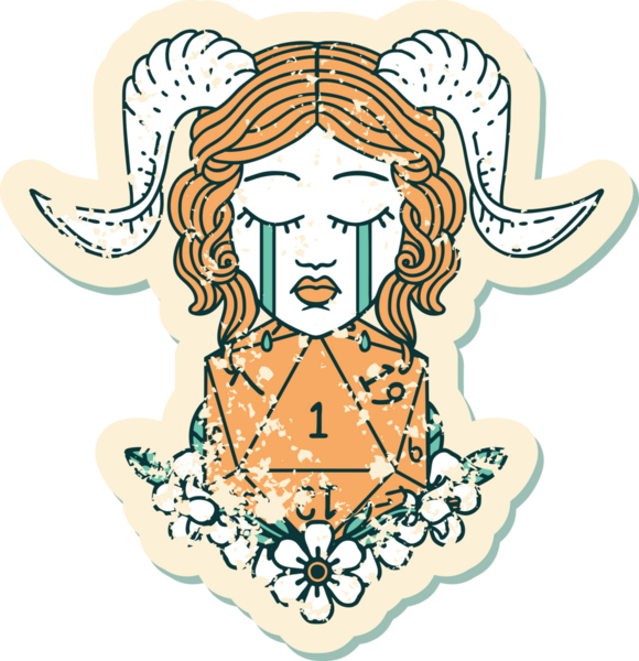 Bir insan tarafından çizilmiş doğal bir D20 zarla bağlanmış ağlama etiketi.