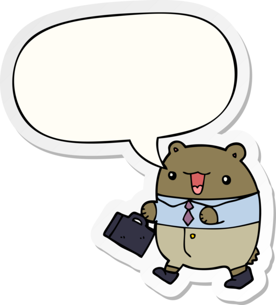 Bir insan tarafından çizilmiş konuşma kabarcığı çıkartmalı şirin çizgi film iş ayısı.