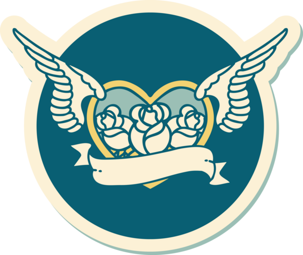 Geleneksel bir dövme stili. Uçan kalp. Çiçekler ve bir insan tarafından çizilmiş bayrak.